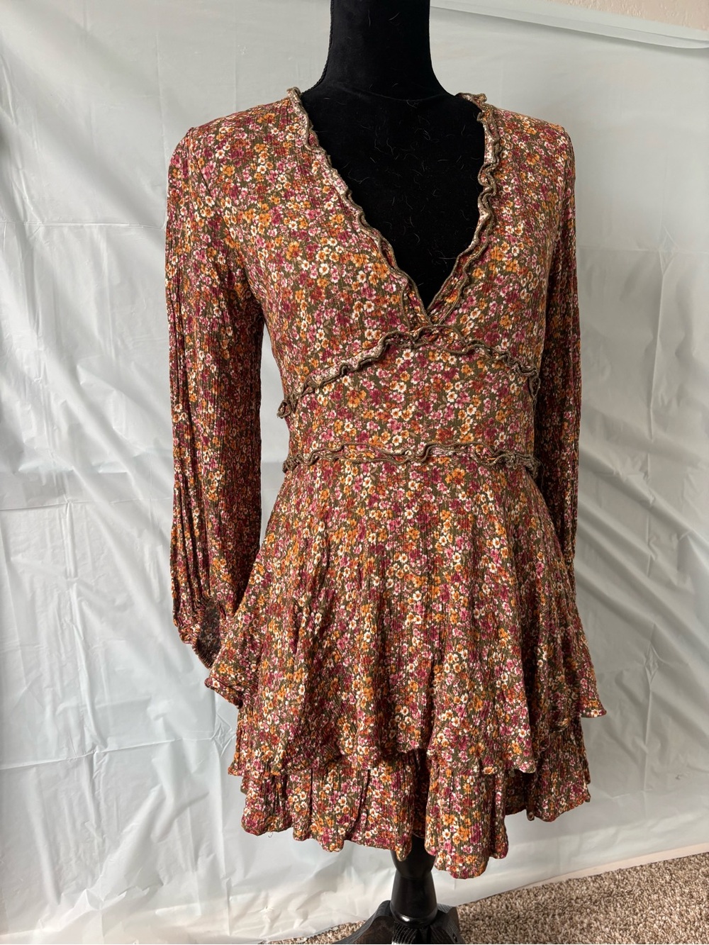 Altar'd State Rust Floral Tiered Ruffle Long-Sleeve Romper